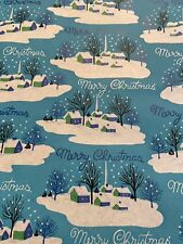 VTG MERRY CHRISTMAS WRAPPING PAPER GIFT WRAP  1950s CHURCH SCENE ON BLUE picture
