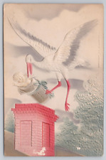 Postcard Stork Delivering Baby Down Chimney, Vintage PM 1908, Embossed picture