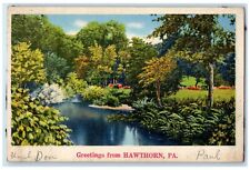 1938 Greetings From Hawthorn PA River Forest Trees Vintage Pennsylvania Postcard picture