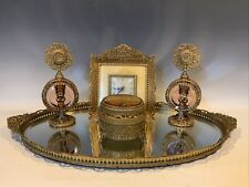 Vintage Gold Ormolu Filagree Cherub Rose Dresser Vanity Set 5 PC Amber Glass picture