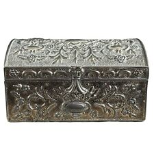 Vtg Ornate Silver Plated Trinket Box Victorian Floral Hinged Lid Velvet Lined picture
