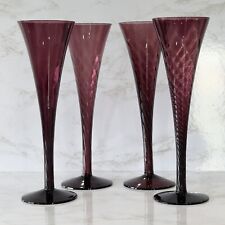 Four Vintage Handblown Amethyst Purple Swirl Art Glass Champagne Flutes GORG picture