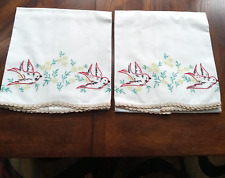 Vintage Pillowcases Hand Embroidered Birds Crocheted 1950s Granny Cottage Core picture