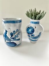 Vintage Tonala Pottery Pitcher And Vase Hand Painted Mexico Blue Birds Florals picture