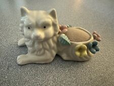 Vintage Porcelain Persian Cat Pin Cushion With Flowers White picture