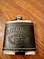 (A3) Jack Daniels Old No. 7 Stainless Steel and Black Leather Wrapped 5 oz Flask picture