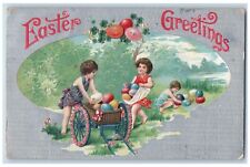 1912 Easter Greetings Childrens Collecting Eggs Cart Embossed Antique Postcard picture