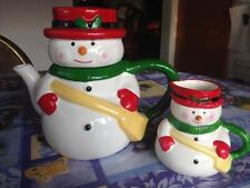 Vintage Happy Holidays Himark Japan Snowman Tea Pot & Matching Creamer New Rare picture