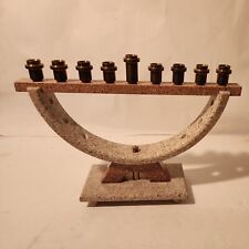 1980's HANNUKAH MENORAH  BRASS SPECKLED TAN SAND GREY WHITE PLASTIC BASE LOOK picture