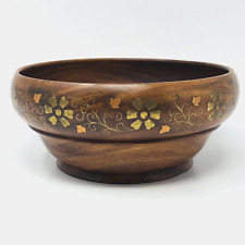 Vintage Turned Wood Bowl Inlaid Brass Handmade Floral Mid Century Modern 8.5