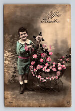 1913 RPPC Studio Portrait of Young French Boy Pink Flowers Hand Colored Postcard picture