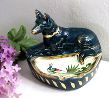Vintage H Bequet Quaregnon Lounging Dog Peacock Teal Dish Ashtray MCM picture