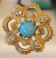 Antique Hatpin Brass? Turquoise Blue Cabochon Stone w Rhinestones Dainty Flowers picture