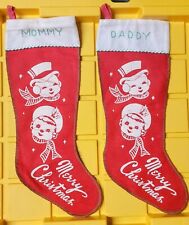  2 Vintage (1950s, 1960s) Felt Stenciled Christmas Stockings - Mommy Daddy picture