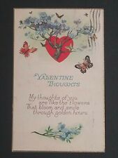 Valentines Day Thoughts Butterflies Blossoms Heart Flowers Vintage Postcard 1925 picture