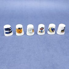 Vintage Ceramic Thimble Lot Of 6 Spooky Halloween Themed Witch Scarecrow Owl picture