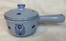 Vintage DRU Blue Tulip Small  Enameled Cast Iron Saucepan with Lid picture