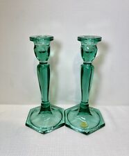 Vintage Fenton Green Glass Candlesticks / Candle Holders Pair picture