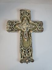 Heavy Resin Ornate Christian Cross Hanging Intricate Crackle 12.5