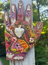 La Mano Wood Left Hand Milagros Mexican 7.5x5 Corazon Sagrado Sacred Heart E25 picture