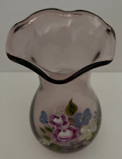 Vintage Fenton Design Teleflora Gift Purple Ruffle Top Vase Hand Painted Flowers picture