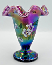 Fenton Plum Opalescent Iridized Floral Fluted Vase - Signed by G. Fenton -  6