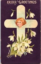 c.1910 Easter Greetings Postcard Cross Angel Girl Snowdrops Carrollton OH picture