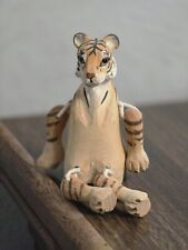 Rare Tigress w Glass Eyes Hand Carved Shelf Sitting Figurine Tiger Vintage Wood picture