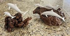 TWO Large Vintage JOHN PERRY Pellucida Resin  DOLPHIN Figurines On BURLWOOD picture