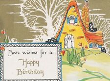 Wishes For A Happy Birthday c1920s-30s Postcard Funky House Golden Background picture