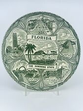 Vintage Green Transferware Florida Souvenir Plate Flamingo Key West Miami 9.5 in picture