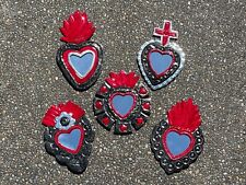 SET of FIVE Tin Sacred HEART Ornaments with Mirror, Traditional Colors, picture