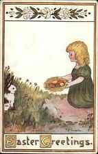 Thurston Easter No. 531B Little Girl Colored Eggs Rabbit c1910 Vintage Postcard picture
