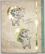 Vintage Cute Singing Terrier Dog Shiny Gold Foil Friendship Card 1940s GB Used picture