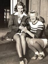 J8 Photograph 1940s Two Beautiful Women 2 Pretty Holding Puppy Bobby Socks picture