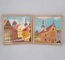 Vtg HELINA TILK Talli Estonia Hand Painted Ceramic Tile Framed Wall Art Trivet  picture