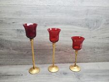 3 Piece Ruby Red Tall Glass Candle Holders with Gold Painted Bases picture