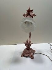 vintage cast iron pink metal base lamp with floral frosted glass shade picture