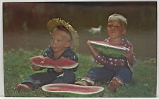Postcard Summer Fun Lake Children Brothers Boys Eating Big Watermelon Slices picture