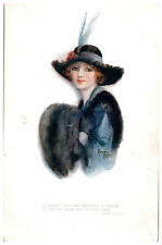 Postcard Raphael Tuck's Oilette Woman In Blue, Black Fur by Marjorie Mostyn 1917 picture