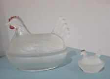 Vintage Hen On Nest Candy Dish & Salt Cellar Hen Frosted Glass With Red Comb picture