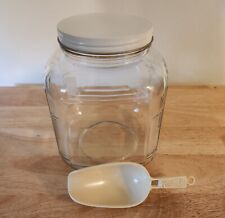 Vintage Large Glass Canister Cracker Jar W/Tan Metal Lid & Scoop picture