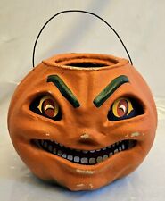 Seasons Gone By Smirking Face Pumpkin Bucket Paper Mache Retro Signed DBH 1999 picture