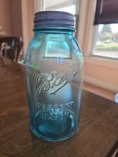 Antique BALL Perfect Mason Jar Half Gallon Size Aqua Blue Glass Ball Zinc Lid #5 picture