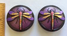 XL 42mm Vintage Czech Glass Purple Glitter DRAGONFLY w/Gold Wings Buttons 2pc  picture