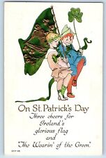 St. Patrick's Day Postcard Boys With Flag Harp Shamrock Embossed c1910's Antique picture