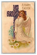 Vintage 1908 Easter Postcard White Winged Angel Prays to Purple Flower Cross picture