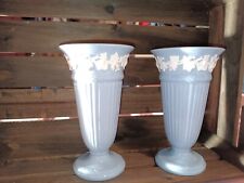 Vintage Wedgwood Etruria & Barlaston Embossed Queens Ware Cream on Blue Vase picture