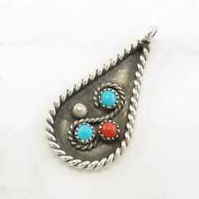 Vintage Native American Turquoise, Coral Shadowbox Sterling Silver Pendant picture