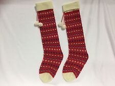 Christmas Knit Stockings Pom Pom Cuff Red Green Blue White Pattern Set Of 2 picture